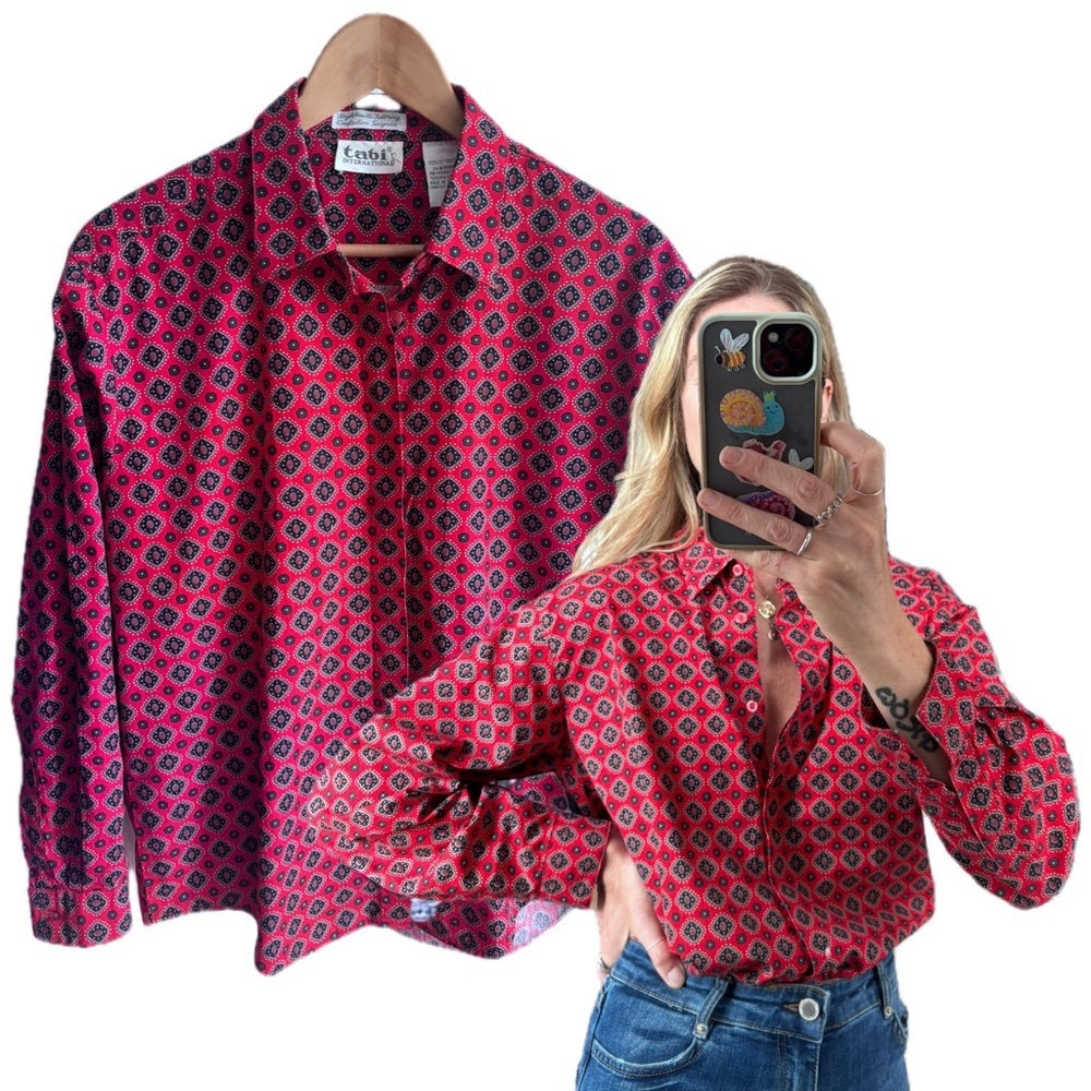 Vintage Tabi International Button Down Collared Geometric Print Red Cotton Shirt